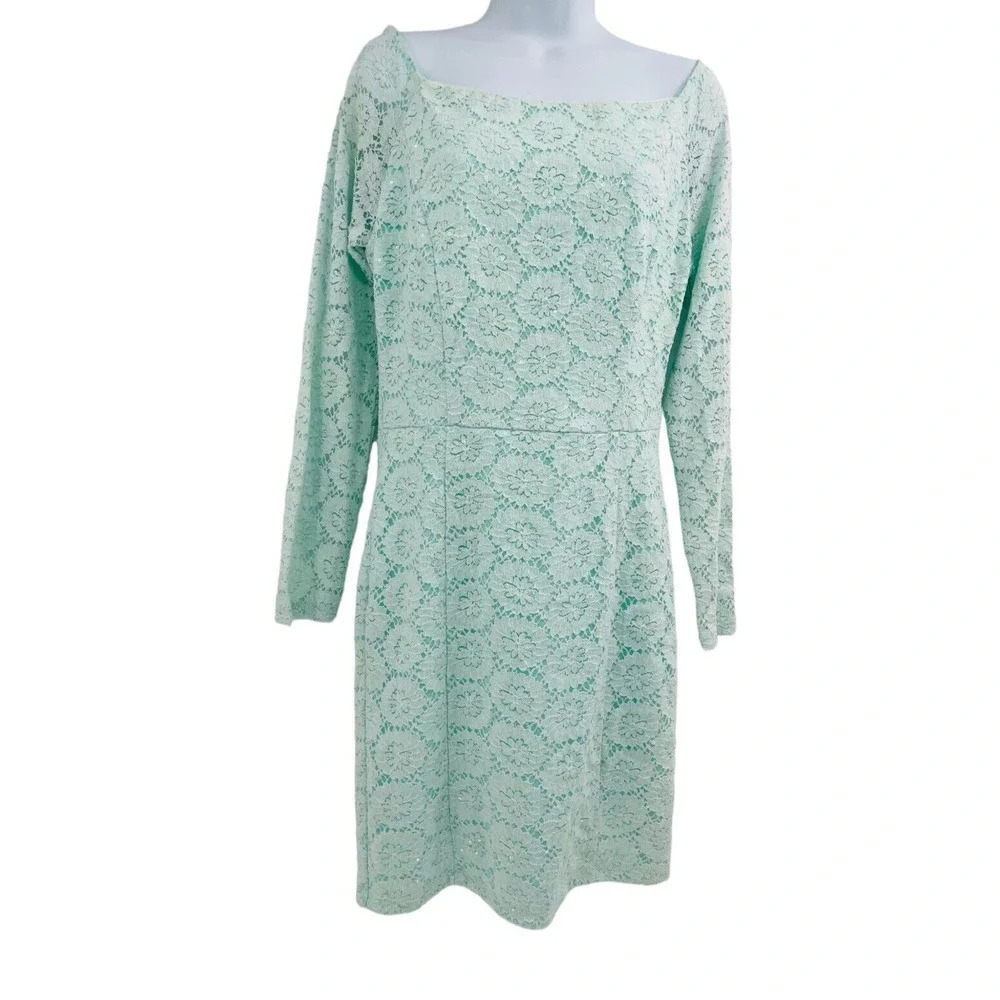 NIKIBIKI Women's Sequin Blue Green Floral Lace Dress Long Sleeve Back Zip L